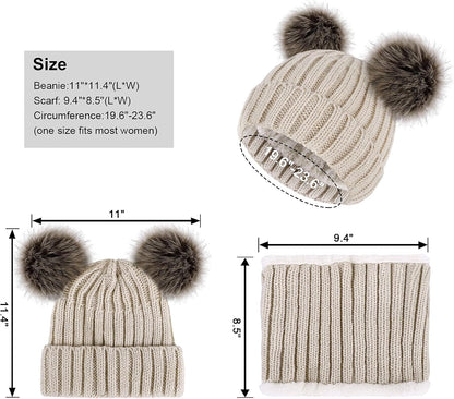 Womens Beanie Scarf Set Fleece Lined Pom Pom Beanie Hat Circle Scarf Winter Set