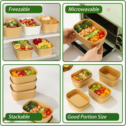 50-Pack 35Oz Disposable Kraft Paper Bowls【With Lids and Forks】, Large Meal Prep Containers Paper Salad Bowls, Leakproof Food Containers Treat Soup Serving Bowl, Microwave Safe for Hot/Cold Food