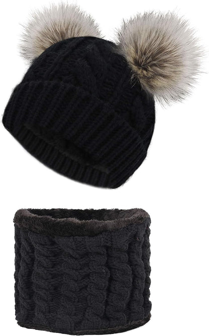 Womens Beanie Scarf Set Fleece Lined Pom Pom Beanie Hat Circle Scarf Winter Set