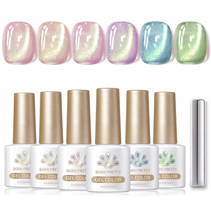 6PCS Pink Ocean Cat Nail Gel Polish Set with Magnet Stick Jelly Holographics Magnetic Nail Kit Salon Art Manicure