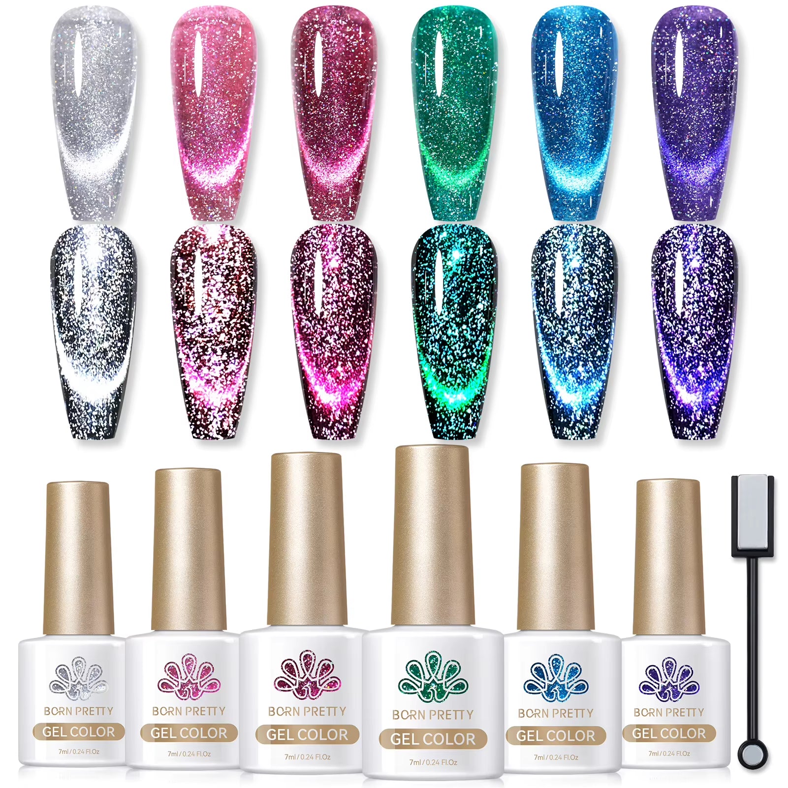 6PCS Pink Ocean Cat Nail Gel Polish Set with Magnet Stick Jelly Holographics Magnetic Nail Kit Salon Art Manicure
