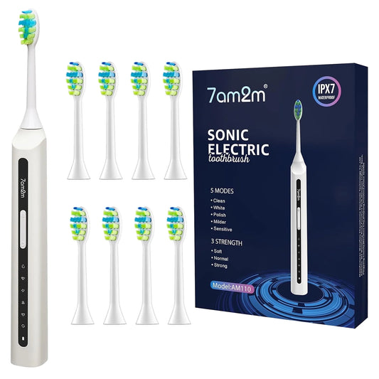 Sonic Electric Toothbrush, High Power Rechargeable Toothbrushes, with 8 Brush Heads for Adults and Kids, 15 Adjustable Modes, Built-In 2-Minute Smart Timer, 4 Hours Fast Charge, White