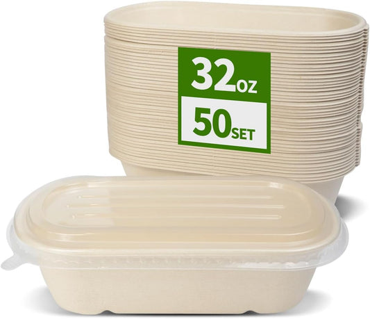 50 Pack 32 Oz Paper Meal Prep Containers with Lids for Salad, Pasta, Nacho, Burrito, Deep Large Disposable Meal Take Out Food Containers (50 Bowls 50 Lids)