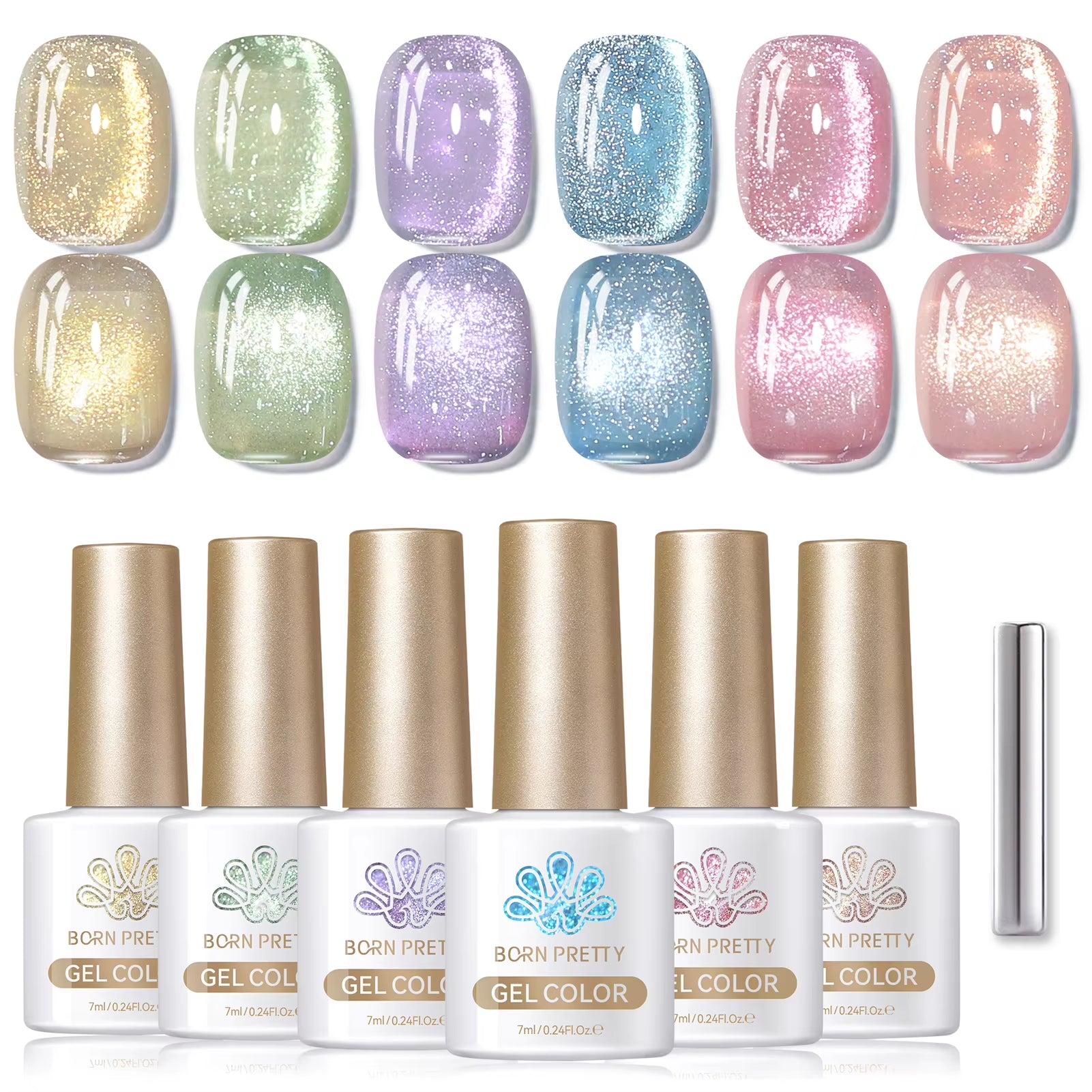 6PCS Pink Ocean Cat Nail Gel Polish Set with Magnet Stick Jelly Holographics Magnetic Nail Kit Salon Art Manicure