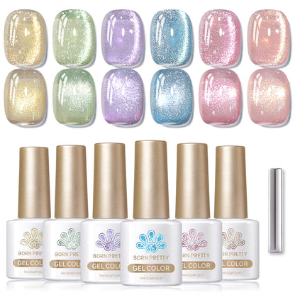 6PCS Pink Ocean Cat Nail Gel Polish Set with Magnet Stick Jelly Holographics Magnetic Nail Kit Salon Art Manicure