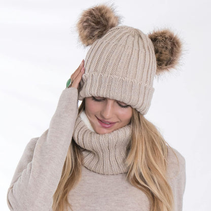 Womens Beanie Scarf Set Fleece Lined Pom Pom Beanie Hat Circle Scarf Winter Set