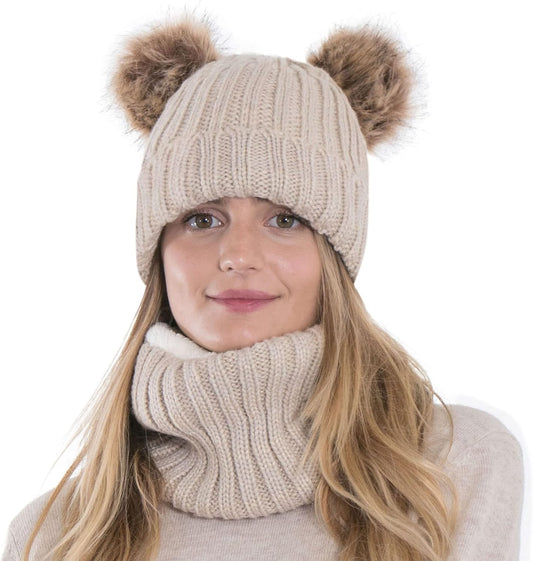 Womens Beanie Scarf Set Fleece Lined Pom Pom Beanie Hat Circle Scarf Winter Set