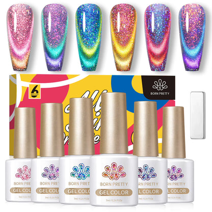 6PCS Pink Ocean Cat Nail Gel Polish Set with Magnet Stick Jelly Holographics Magnetic Nail Kit Salon Art Manicure