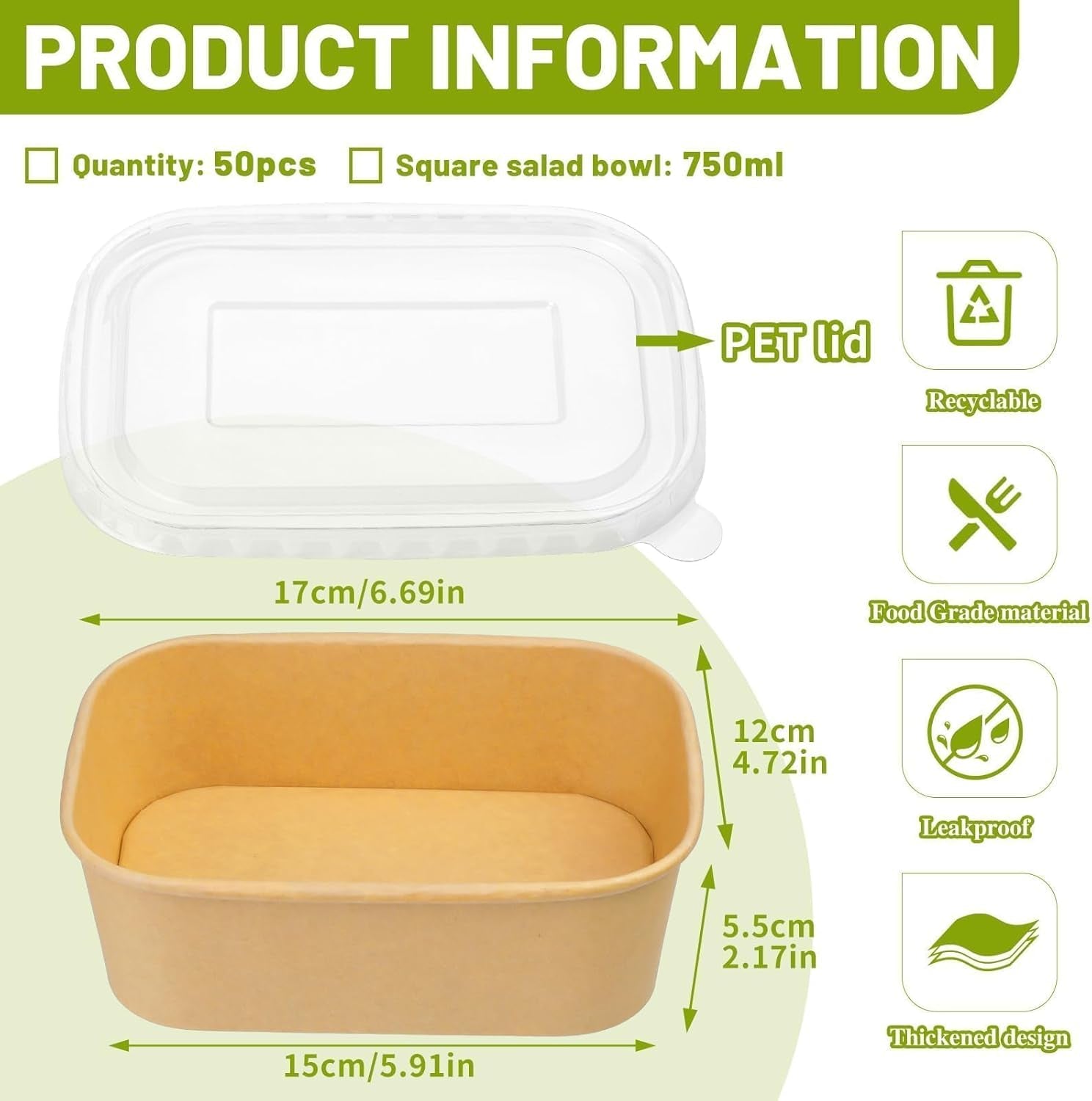 25 Oz 50 Pcs Paper Bowls, 750Ml Disposable Salad Bowls with Lid, Square Kraft Paper Bowls, Disposable Food Containers with Lids for Salad, Soup, Snacks, Desserts