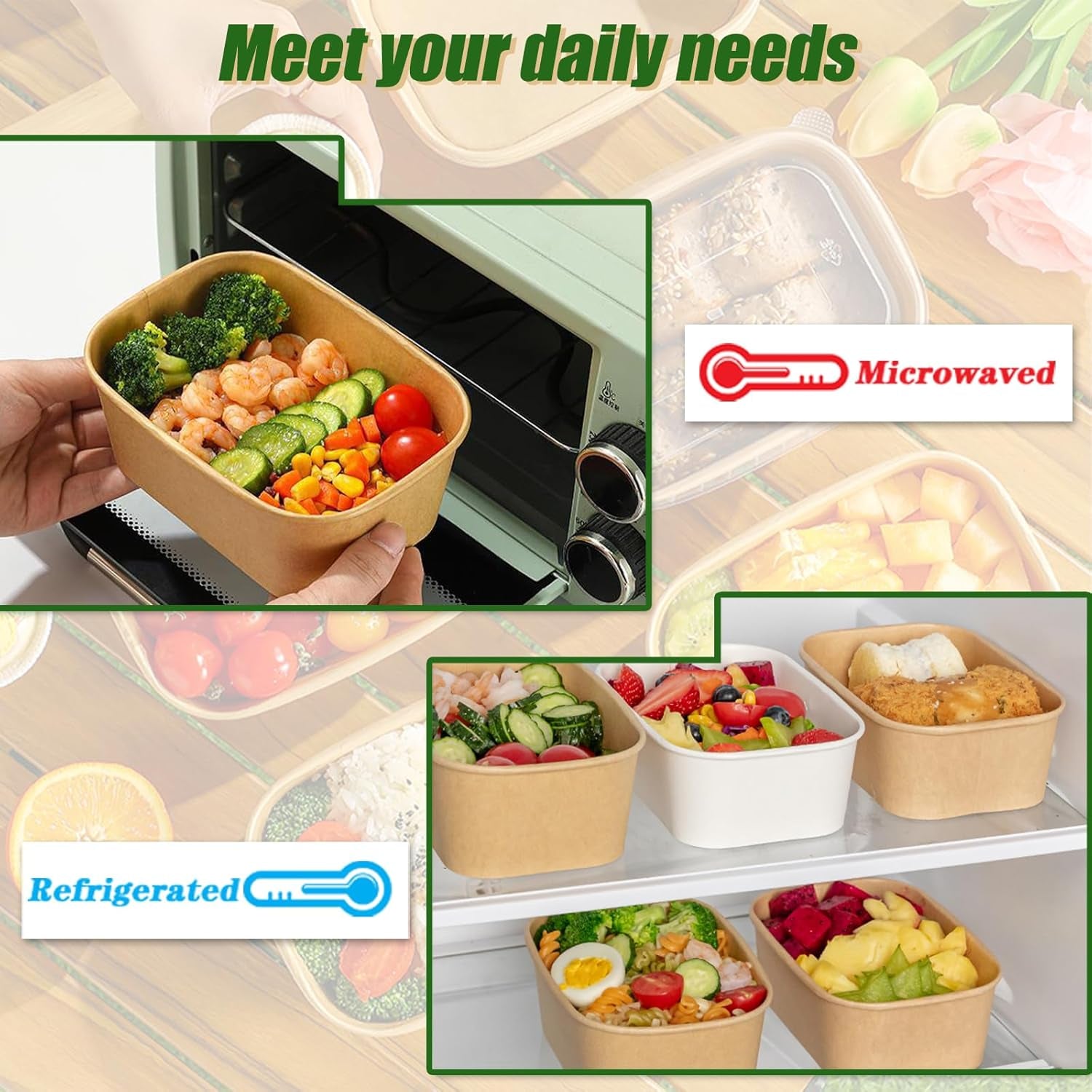 50-Pack 35Oz Disposable Kraft Paper Bowls【With Lids and Forks】, Large Meal Prep Containers Paper Salad Bowls, Leakproof Food Containers Treat Soup Serving Bowl, Microwave Safe for Hot/Cold Food