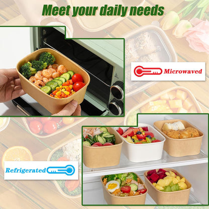 50-Pack 35Oz Disposable Kraft Paper Bowls【With Lids and Forks】, Large Meal Prep Containers Paper Salad Bowls, Leakproof Food Containers Treat Soup Serving Bowl, Microwave Safe for Hot/Cold Food