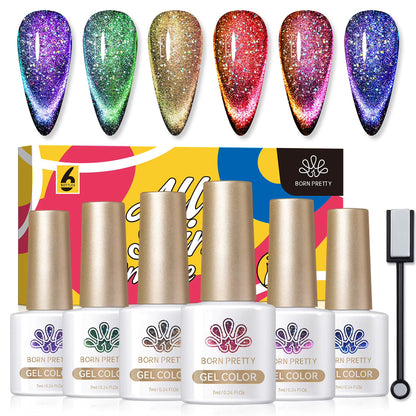 6PCS Pink Ocean Cat Nail Gel Polish Set with Magnet Stick Jelly Holographics Magnetic Nail Kit Salon Art Manicure