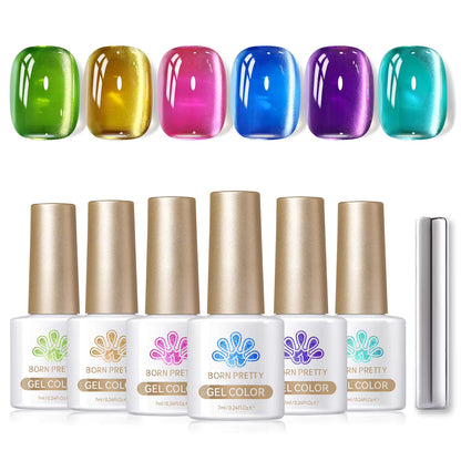6PCS Pink Ocean Cat Nail Gel Polish Set with Magnet Stick Jelly Holographics Magnetic Nail Kit Salon Art Manicure