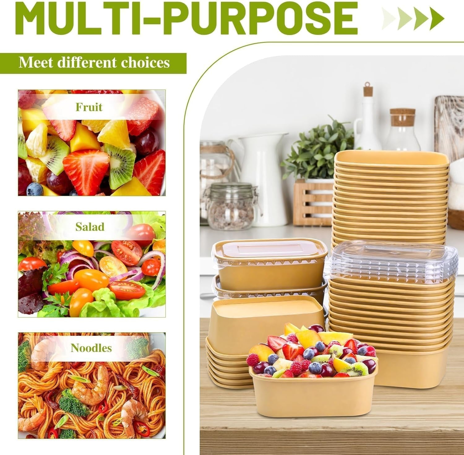 25 Oz 50 Pcs Paper Bowls, 750Ml Disposable Salad Bowls with Lid, Square Kraft Paper Bowls, Disposable Food Containers with Lids for Salad, Soup, Snacks, Desserts