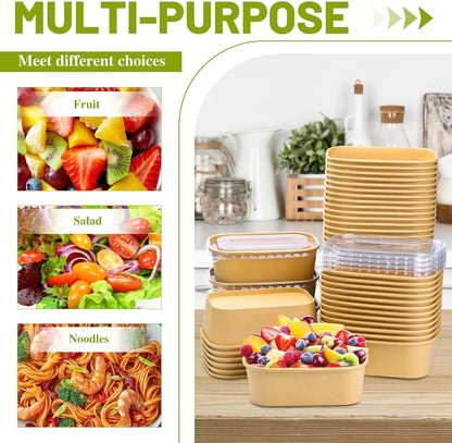 25 Oz 50 Pcs Paper Bowls, 750Ml Disposable Salad Bowls with Lid, Square Kraft Paper Bowls, Disposable Food Containers with Lids for Salad, Soup, Snacks, Desserts